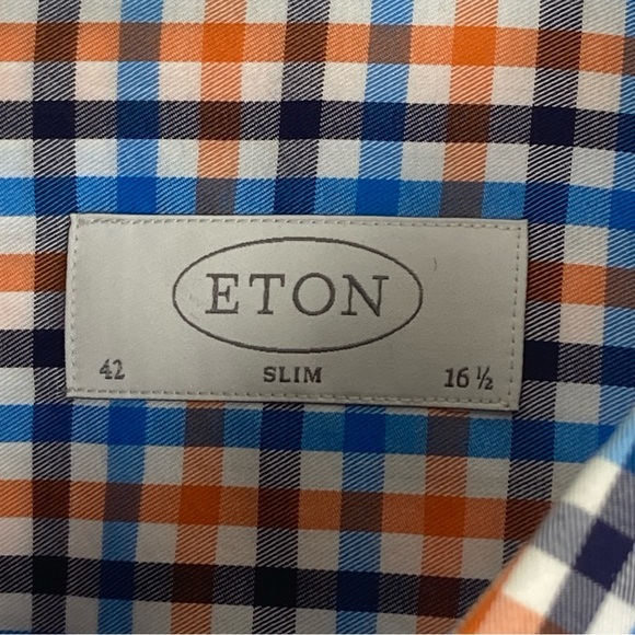 Eton Shirt Slim Mens 16.5 Slim Fit Large 42 Blue Red Plaid 100% Cotton - Picture 10 of 11